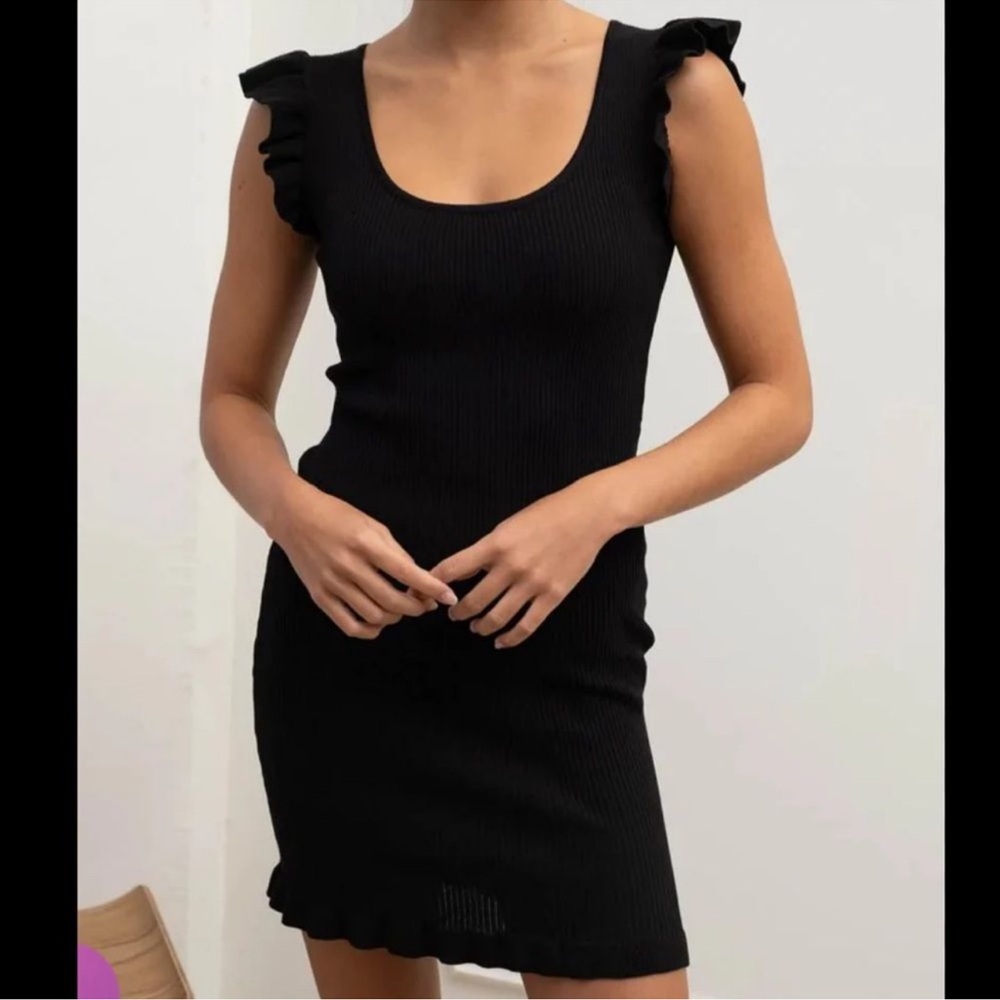 Anthropologie Black Knit Crochet Ruffle Sleeve Mini Dress